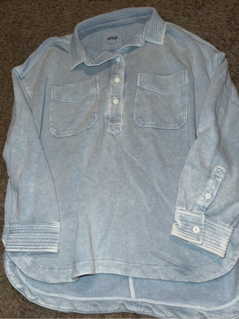 aerie Washed Light Blue Long-Sleeve Polo Shirt